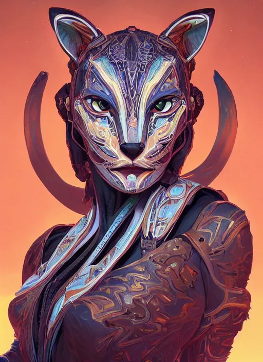 Image similar to symmetry!! portrait of cat alien in the style of horizon zero dawn, machine face, intricate, elegant, highly detailed, digital painting, artstation, concept art, smooth, sharp focus, illustration, art by artgerm and greg rutkowski and alphonse mucha, 8 k