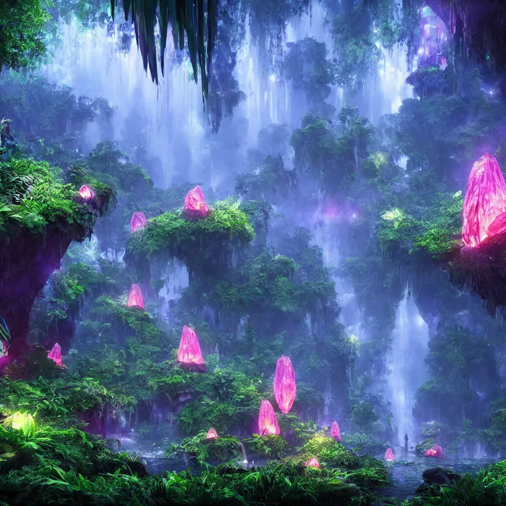 Image similar to a beautiful and stunning digital render of an epic glowing crystal cave, a lush prehistoric jungle, dimly glowing mushrooms, haze, waterfall, volumetric lighting, photorealistic, unreal engine 5, ultra detail, trending on artstation