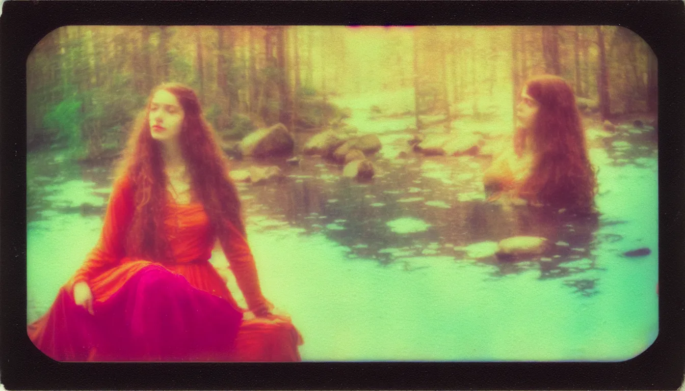 Image similar to colorful instant photograph of the lady of shalott, polaroid, light leak, raw, nostalgic