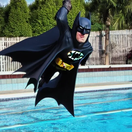 Image similar to batman doing a dive in the local pool