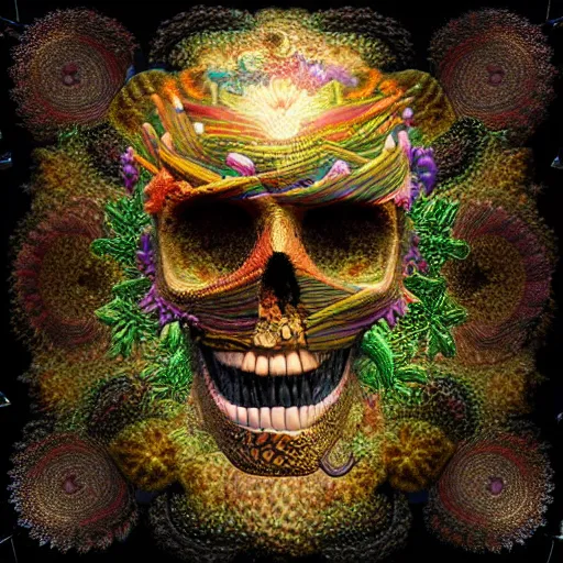 Image similar to fractal golden skull face with an afro made of flowers, third eye art art by machina infinitum, infinite intricacy, rendered in octane, mandelbulb 3 d, ambient occlusion, macro photography, black opal