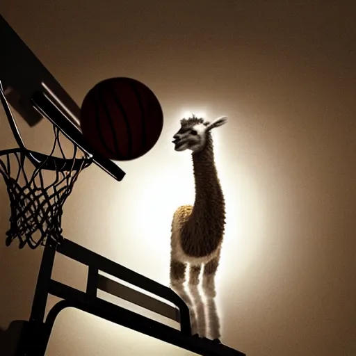 Image similar to film still of a llama dunking a basketball, low angle, extreme long shot, indoors, dramatic backlighting