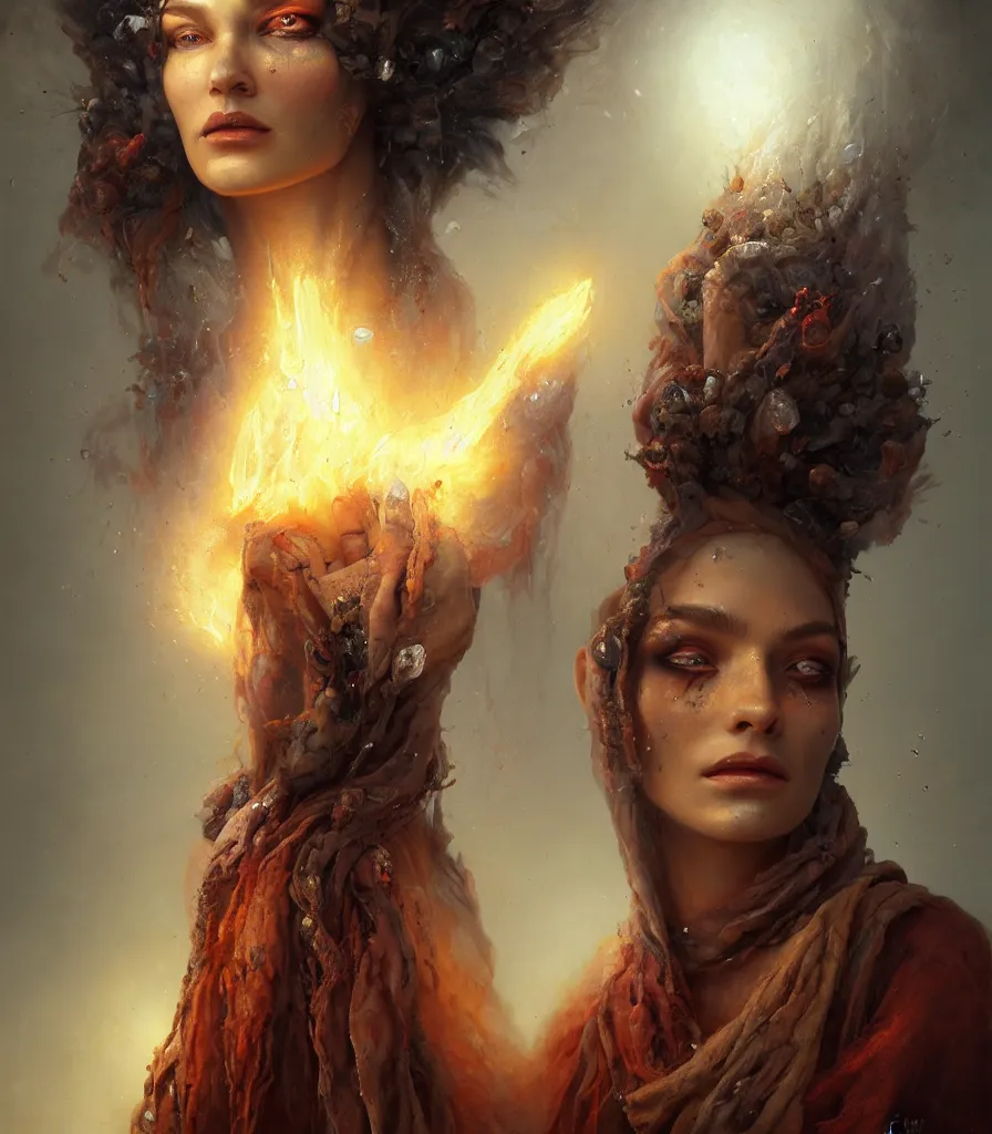 Prompt: portrait oil painting [ single subject in view ] full medium shot | front close - up | dressed in long rags with minerals, fire in your hair, ethereal, accurate goddess, tiny mineral embellishments on the face, particles, octane render, devianart, fine art, intrincate. by peter mohrbacher, marc simonetti, anna podedwor