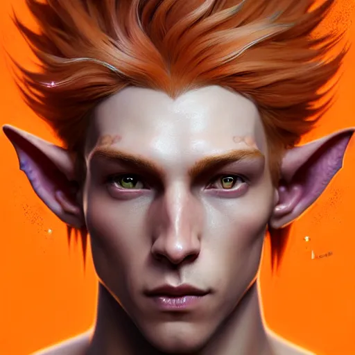 Image similar to portrait painting of an elven male teen with short light orange hair and tribal tattoos on his face wearing fur armor, ultra realistic, concept art, intricate details, eerie, highly detailed, photorealistic, octane render, 8 k, unreal engine. art by artgerm and charlie bowater and magali villeneuve and alphonse mucha