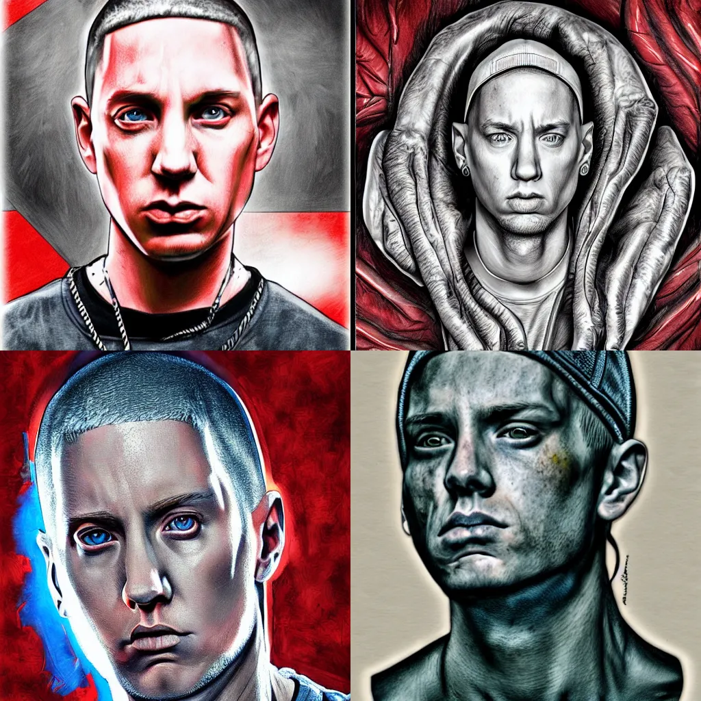 Prompt: eminem, accurate anatomy, highly detailed, digital art, centered, portrait, colored vibrantly