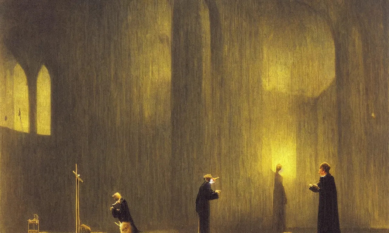 Prompt: a hamster gives a sermon in a matchstick cathedral caspar david friedrich dramatic oil painting