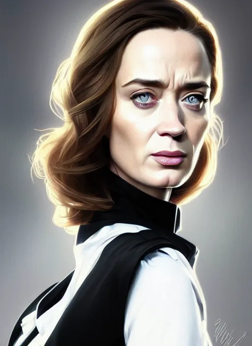 Image similar to portrait of a cat eyed emily blunt as business woman, black suit, white shirt, black tie, intricate, headshot, highly detailed, digital painting, artstation, concept art, sharp focus, cinematic lighting, illustration, art by artgerm and greg rutkowski, alphonse mucha, cgsociety