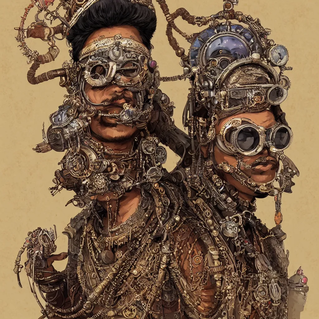 Image similar to face portrait of an indian man with long kawai moustache rajasthani headgear wearing madmax style steampunk goggles and steampunk jewelry, art by peter mohrbacher and craig mullins, sticker, colorful, illustration, highly detailed, simple, smooth and clean vector curves, no jagged lines, vector art, smooth