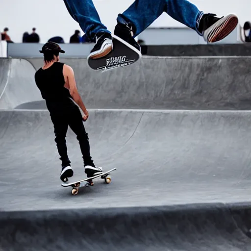 Image similar to skater wearing nike sb dunks doing a kickflip at the venice beach skatepark