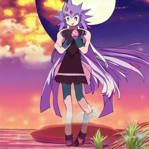 Image similar to sakuyamon from Digimon Tamers in front of the moon by a beautiful lake, sakura petals around her, night time, anime, key art, promo art, Digimon