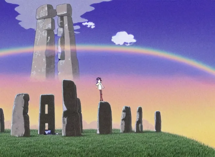 Image similar to a realistic cell - shaded studio ghibli concept art from paprika ( 2 0 0 6 ) of a rainbow - colored cube from close encounters of the third kind ( 1 9 7 7 ) and a grey long - haired witch sitting on top of a pillar in a flooded stonehenge on a misty starry night. very dull colors, wide shot, hd, 4 k, hq