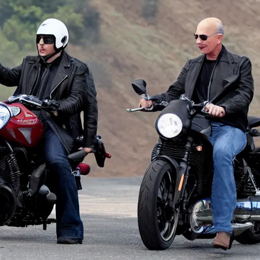 Prompt: elon musk and jeff bezos on a motorcycle