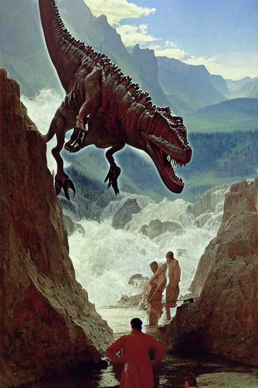 Prompt: a huge dinosaur demon emerges from lake in canadian rockies watched by three people, water splashes cascades, beautiful day, by albert bierstadt, ruan jia, lawrence alma tadema, zdzislaw beksinski, carl spitzweg, everett raymond kinstler, norman rockwell, jack kirby, tom lovell, greg staples