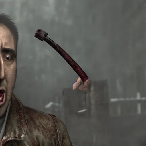 Image similar to angry nicolas cage attacking with a pipe in silent hill, ultra detailed, 8 k