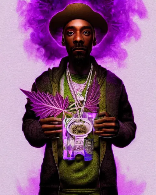 Image similar to snopp dogg holding pounds of weed turkey bags, accurate details, detailed face, purple liquid in cup glowing, fantasy, dramatic, intricate, elegant, highly detailed, digital painting, artstation, concept art, smooth, sharp focus, illustration, art by Gustave Dore, octane render