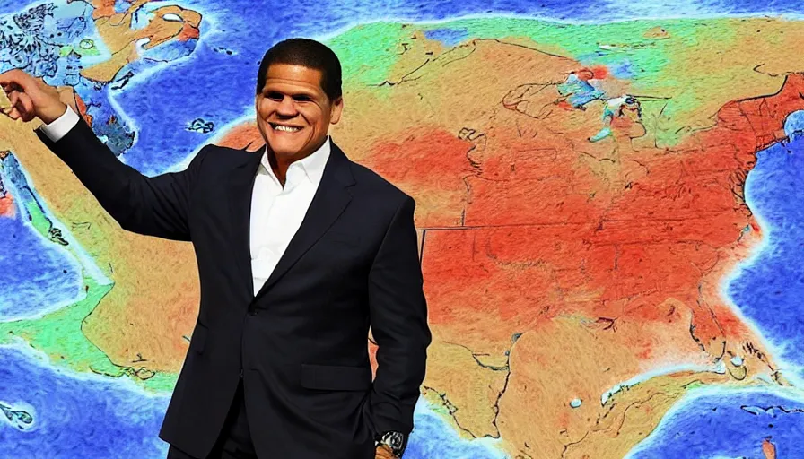 Image similar to reggie fils - amie in front of a weather map