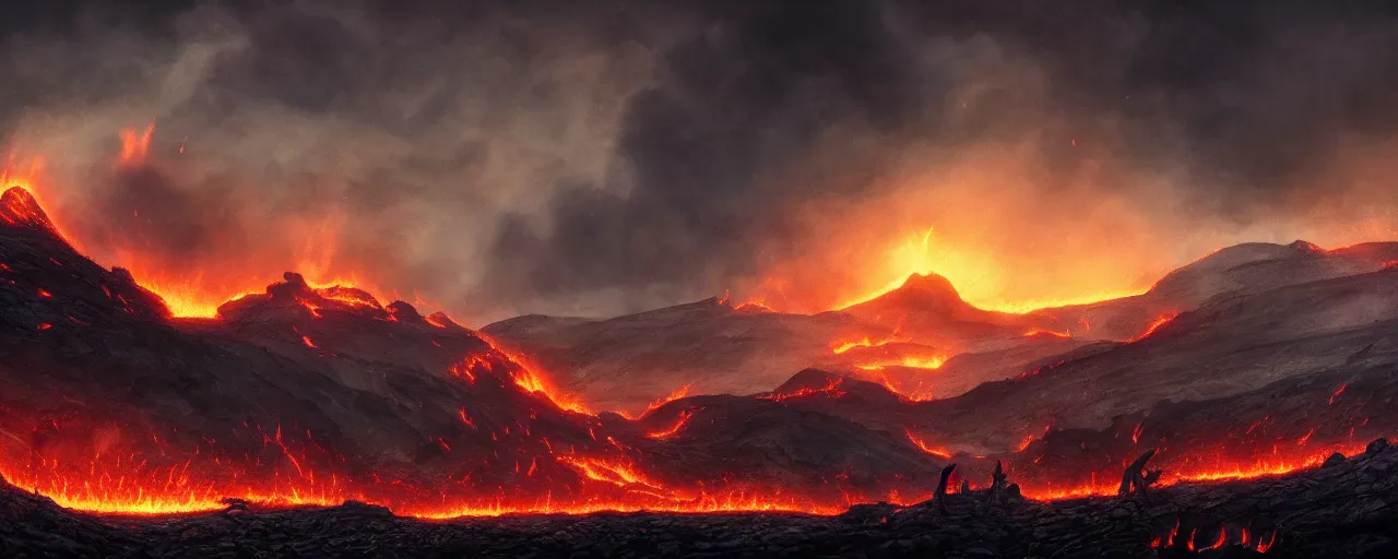 Image similar to Dead landscape, fire and lava, black volcano, rugged black clouds, ash in the sky, army of orcs gathering below, fantasy book illustration 8k movie poster, cinematic composition