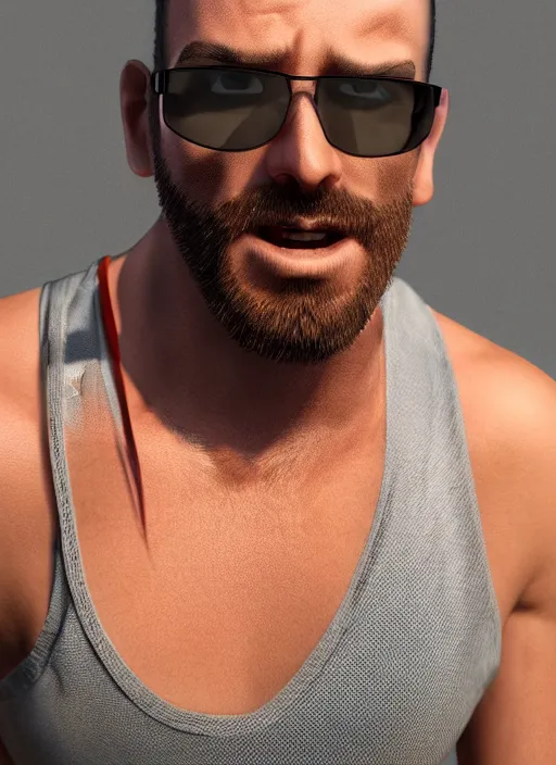 Prompt: 3 2 - year - old man, short stubble, wearing fitness tanktop and sun glasses, character design, octane render, 8 k, portrait