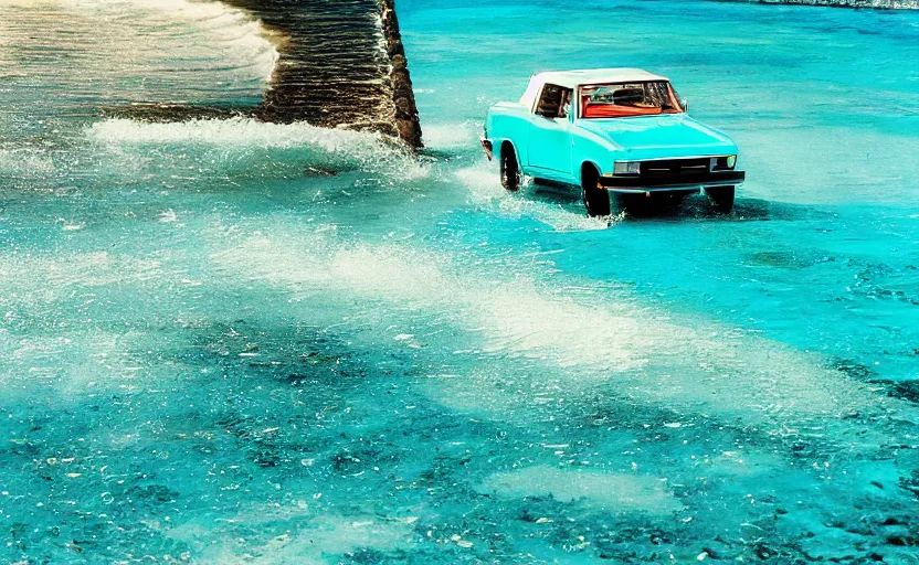 Prompt: photorealistic picture of a scarab 3 8 kv driving in turquoise water. miami. 8 0's style