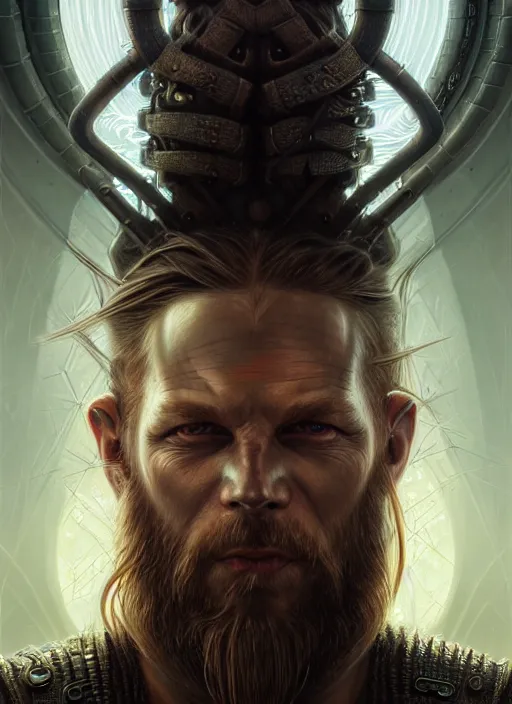 Image similar to closeup portrait shot of a cyberpunk viking in a scenic dystopian environment, intricate, elegant, highly detailed, centered, digital painting, artstation, concept art, smooth, sharp focus, illustration, artgerm, tomasz alen kopera, peter mohrbacher, donato giancola, joseph christian leyendecker, wlop, boris vallejo