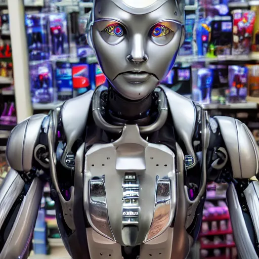 Image similar to photo of a robot who looks almost the same as a human in a store display hiding a dark secret, synthetic skin!!!, highly detailed face, expressive face, cyberpunk, year 3022, medium close-up, depth of field, ISO 300, aperture f11, 1/100 obturation speed