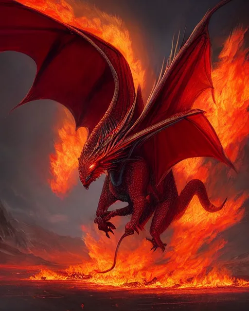 Prompt: A red dragon cover, with phoenix wings, flying while breathing out a massive fire, epic, highly detailed, close-up, fantasy art, dragon art, in the style of greg rutkowski, illustration, epic, fantasy, intricate, hyper detailed, artstation, concept art, smooth, sharp focus, ray tracing