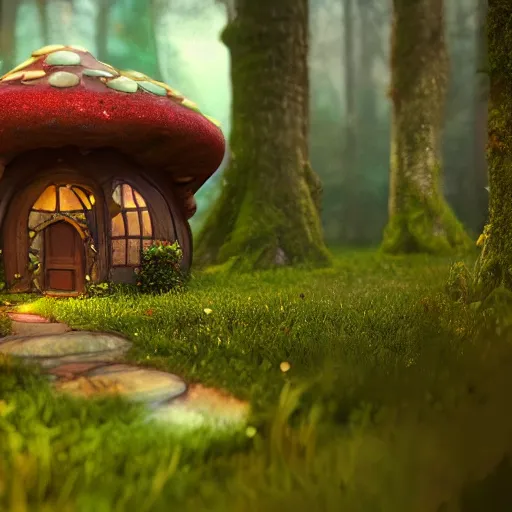 Image similar to A fairy tale toadstool-style house in magical forest, cinematic lighting, photo realistic image, 4K, super detailed, cinematic look, H 1024