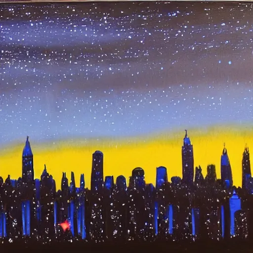 Image similar to night scene of a city. The darkness of the night is illuminated by artificial lighting. The sky is painted with cobalt blue, and shimmers with the light of stars. The buildings are painted in black, and stand out against the sky. They are silhouetted against a background which is painted with hazy grey.