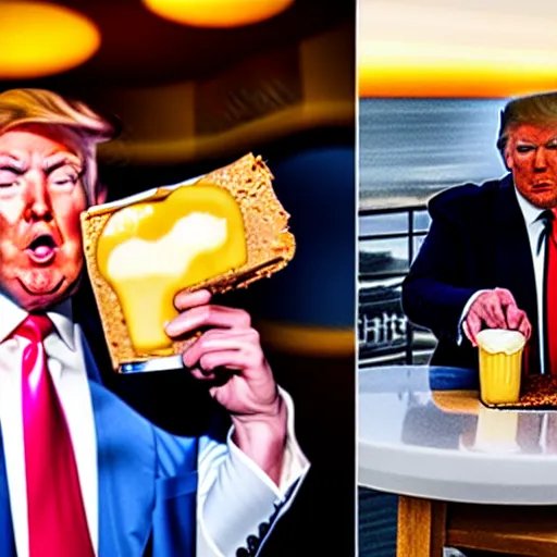 Image similar to donald trump slamming pudding onto citizens, citizens soaked with pudding, golden hour, boardwalk, professional photography