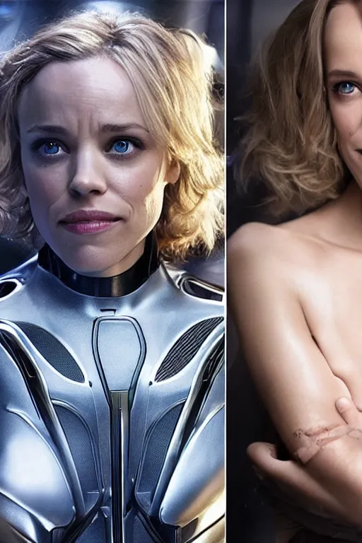 Image similar to rachel mcadams as a futuristic female android made out of liquid metal, cosplay, studio lighitng