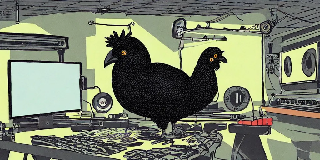 Image similar to 'black chicken'!!! smoking 'cannabis'!!!!!! in front of 'audio console'!!!! and 'multi monitors'!!!! 'in a hi-tech tv broadcasting studio'!!!!, artwork by James Gilleard