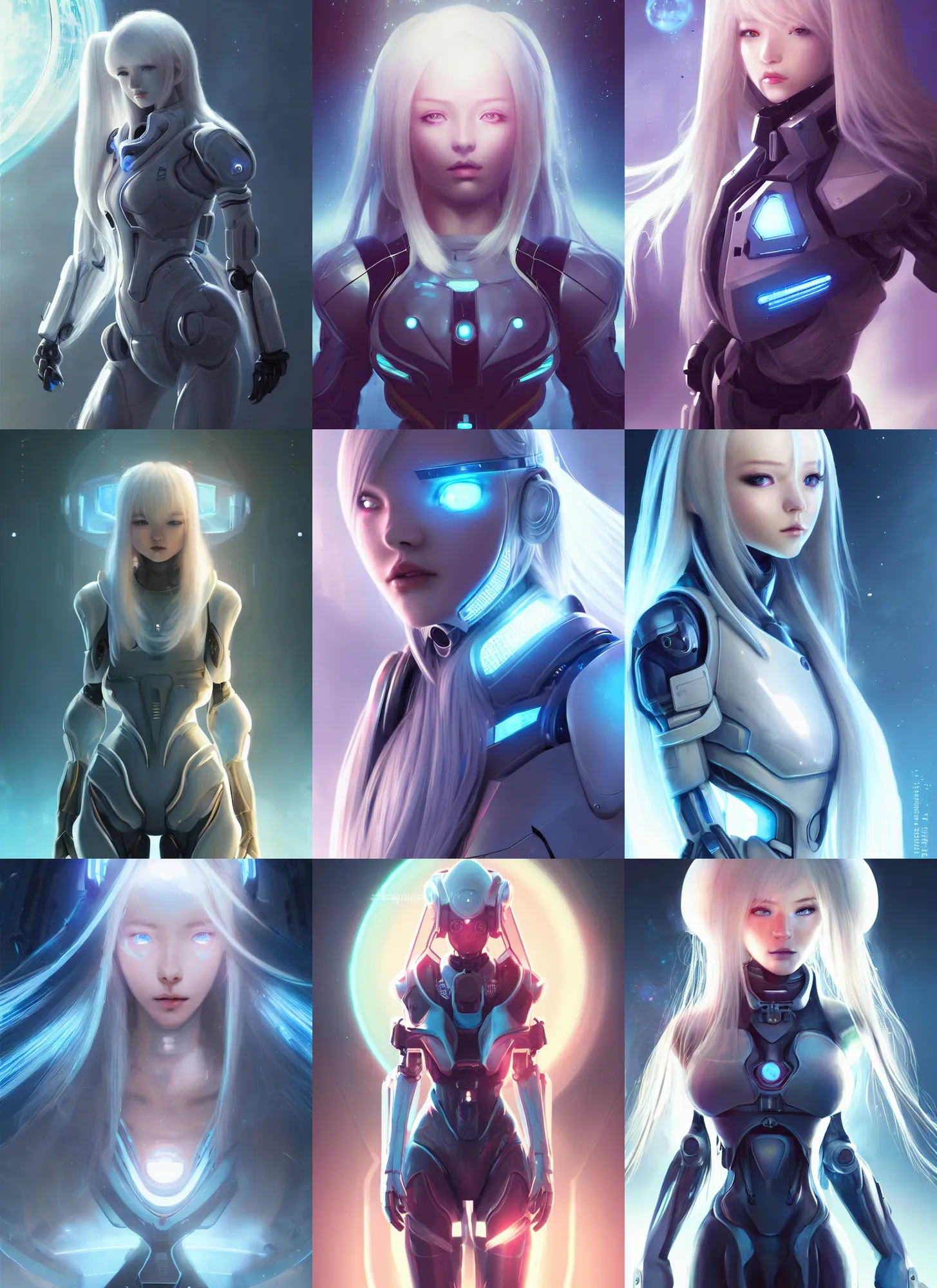 Image similar to perfect android girl, glowing warframe armor, beautiful face, scifi, futuristic, space station, laboratory, kwak ji young, dreamy, long white hair, blue cyborg eyes, cinematic lighting, innocent, highly detailed, focused, artstation, divine, by gauthier leblanc, kazuya takahashi, huifeng huang, jama jurabaev