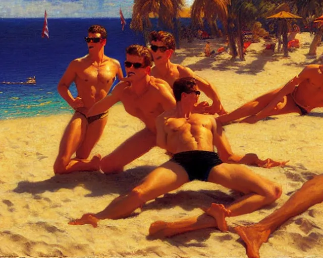 Image similar to top gun beach volleyball scene, warm colors, soft angles, soft focus, painting by gaston bussiere, craig mullins, j. c. leyendecker, tom of finland