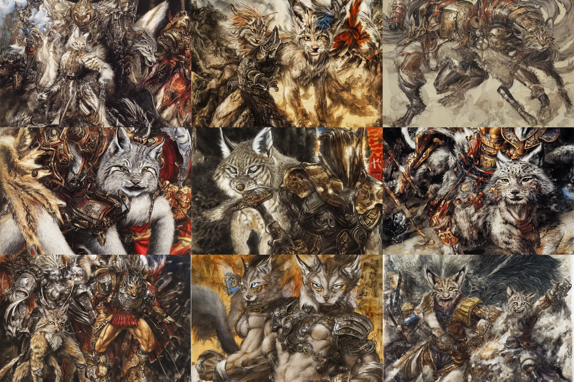 Image similar to 8k Yoshitaka Amano painting of upper body of a young cool looking lynx beast-man with white mane at a medieval market at windy day. Depth of field. He is wearing complex fantasy armors. He has huge paws. Renaissance style lighting.