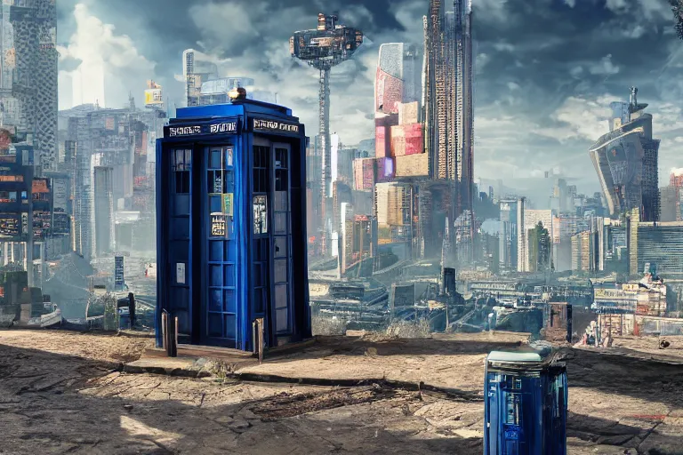 Image similar to tardis in cyberpunk 2 0 7 7