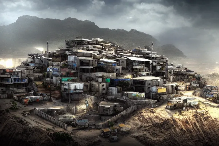 Image similar to favela hospital hangar bunker, desert environment, industrial factory, cliffs, gloomy, milky way, award winning art, epic dreamlike fantasy landscape, ultra realistic,