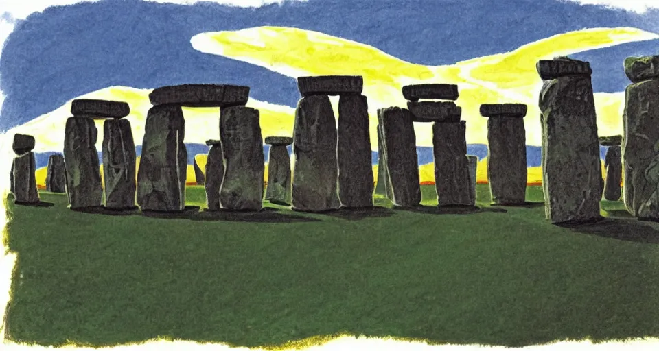 Image similar to color sketch of stonehenge, highly detailed, dramatic lighting, intense shadows, rich deep colours, by david hockney