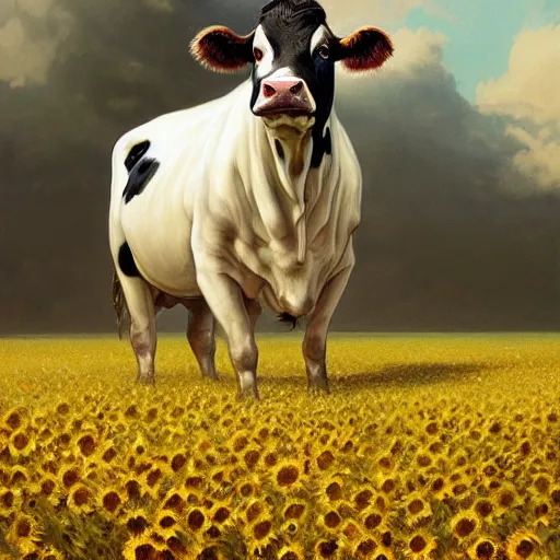 Image similar to portrait of black and white cow, field of sun flowers landscape, rich vivid colors, fantasy, intricate, elegant, highly detailed, digital painting, artstation, concept art, matte, sharp focus, illustration, art by Artgerm and Greg Rutkowski and Alphonse Mucha