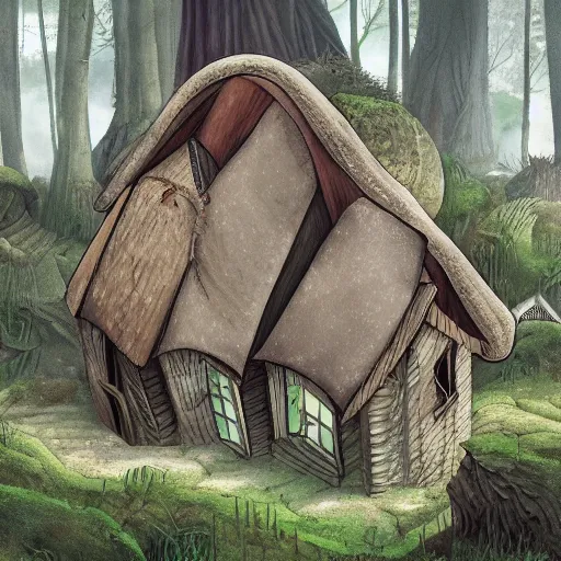 Image similar to Ultra realistic illustration of a ramshackle multistory fairytale hut in the forest