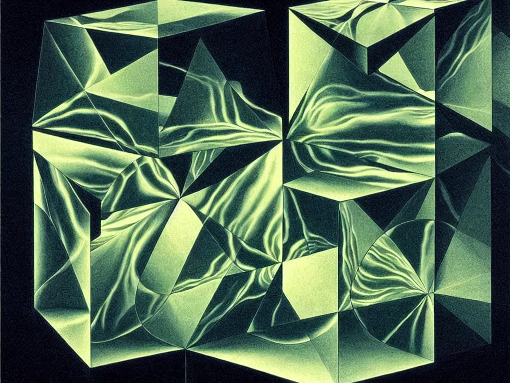 Prompt: hyperrealistic still life portrait of water flowing through a tesseract, impossible shape, by caravaggio, mc escher, and yosumo okuta, botanical print, surrealism, vivid colors