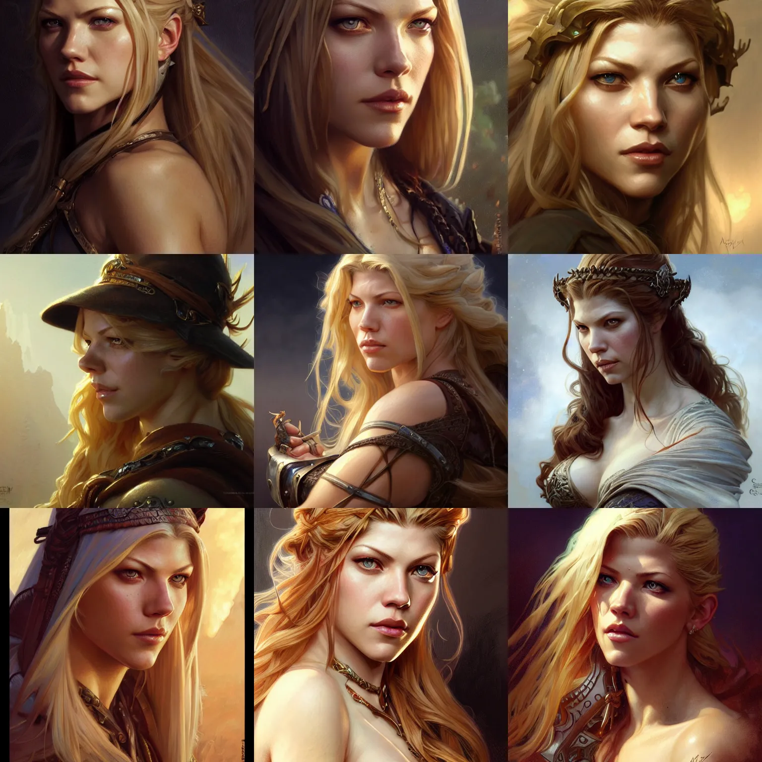 Prompt: Katheryn Winnick, western, closeup, D&D, fantasy, intricate, elegant, highly detailed, digital painting, artstation, concept art, matte, sharp focus, illustration, art by Artgerm and Greg Rutkowski and Alphonse Mucha