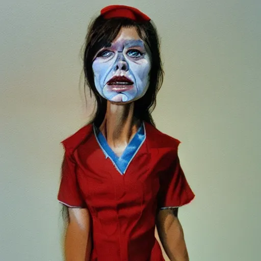 Image similar to detailed details photorealistic puppet nurse ghost in the style of bob peak and alex ross, gouache and wash paints color, detailed details facial and body and human and environments and proportionate, detailed 5 k details.