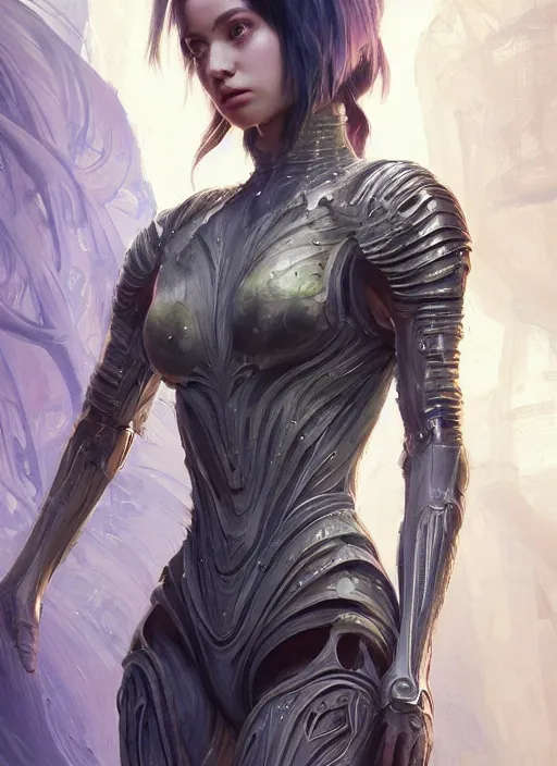 Image similar to a professional painting of a beautiful young female alien, clothed in ethereal armor, olive skin, long dark hair, beautiful bone structure, symmetrical facial features, intricate, elegant, digital painting, concept art, smooth, sharp focus, illustration, from Valerian and the City of a Thousand Planets, by Ruan Jia and Mandy Jurgens and Artgerm and William-Adolphe Bouguerea