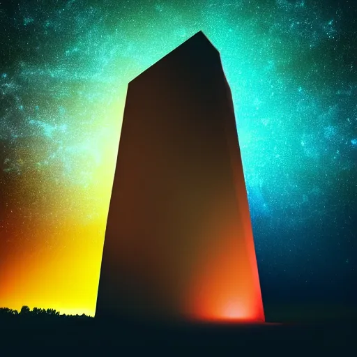 Prompt: high quality photograph of a glowing alien monolith beneath a dead sky polychromatic color scheme