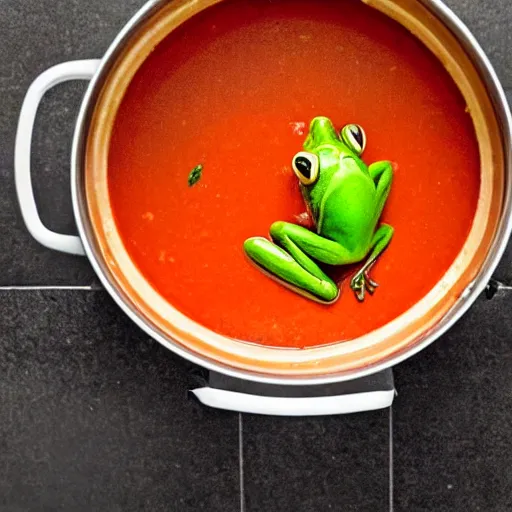 Prompt: a frog emerging from a pot of tomato soup, frog soup, recipe photo