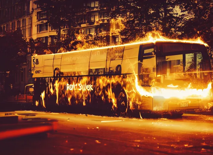 Image similar to a 3 5 mm photo of a city bus on fire, splash art, movie still, bokeh, canon 5 0 mm, cinematic lighting, dramatic, film, photography, golden hour, depth of field, award - winning, anamorphic lens flare, 8 k, hyper detailed, 3 5 mm film grain