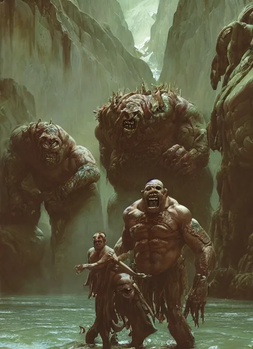 Image similar to huge hulking brute swamp demon king like martyn ford and rich piana standing by river canadian rockies midday by sergey kolesov and lawrence alma tadema and norman rockwell and greg staples and craig mullins and john berkey and ruan jia, artstation creature art