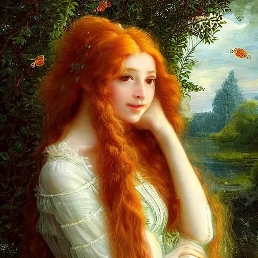 Image similar to sharp, intricate fine details, breathtaking, digital art portrait of a red haired girl with long hair and green eyes softly smiling, in a dreamy, mesmerizing scenery with fireflies, art by elisabeth vigee le brun