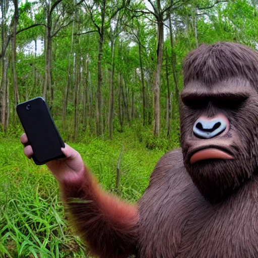 Image similar to bigfoot taking a selfie at the swamp