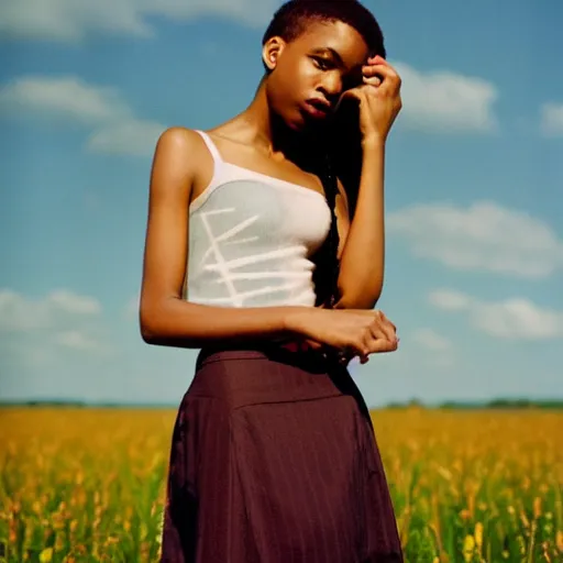 Image similar to realistic!!! photoshoot for a new dior lookbook, color film photography, portrait of a beautiful woman, location on a open field, in style of tyler mitchell, 35mm